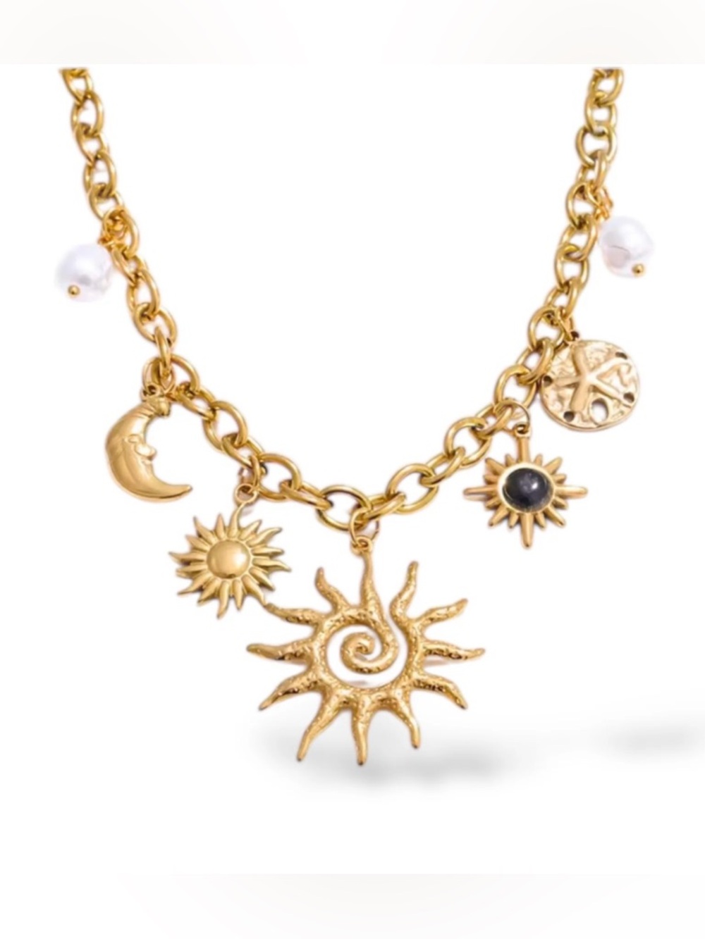 Gold Sun Charm Necklace with Pearl Accents - Women Jewelry NWOT - Picture 3 of 6